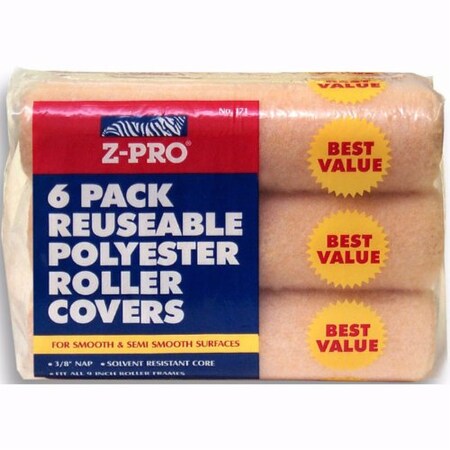 9 Paint Roller Cover, 3/8 Nap Nap, Polyester, 6 PK